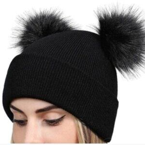 Faux Fur Double Pompom Rib-Knit Black Winter Beanie Hat-NEW